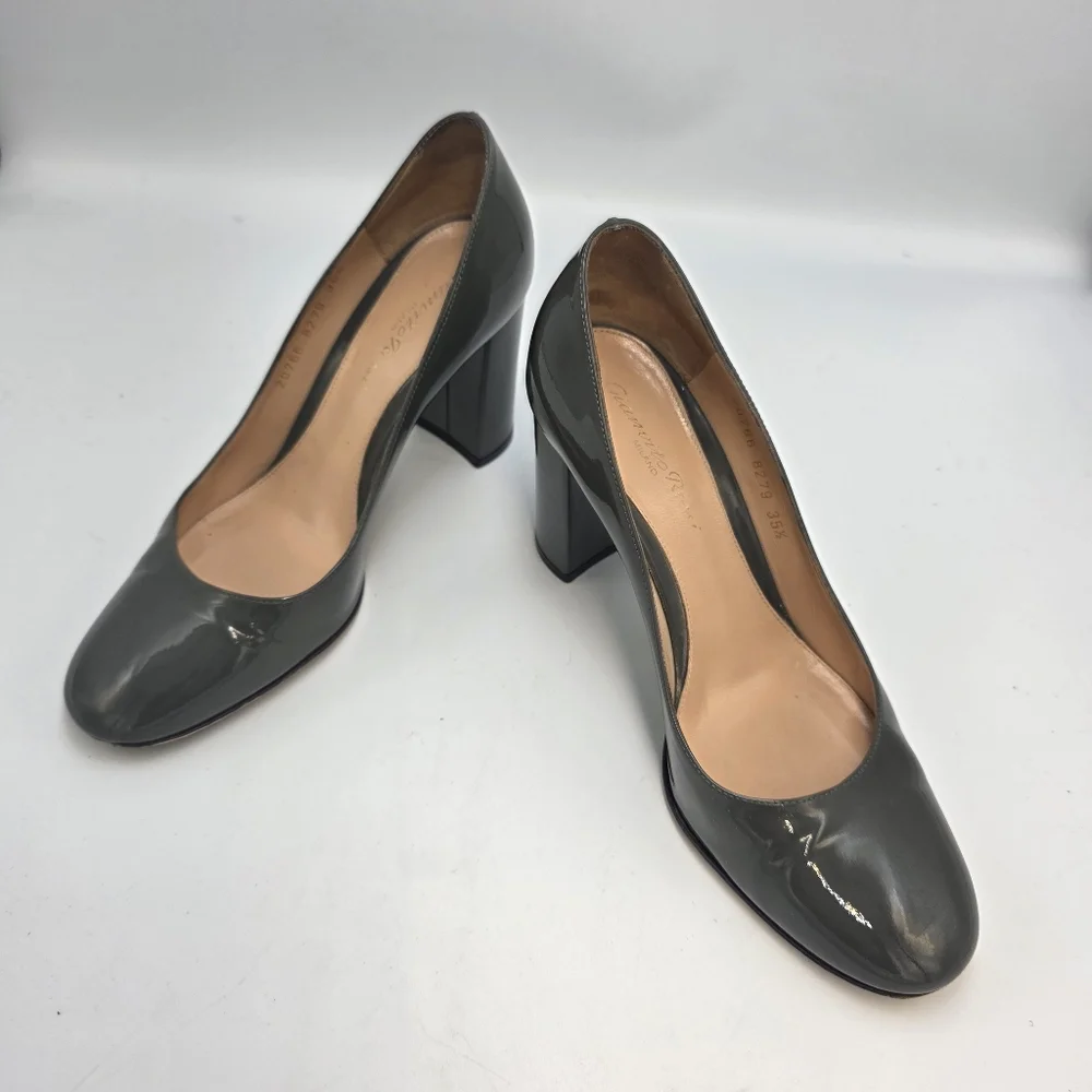 GIANVITO ROSSI Taupe (Green/Gray) Patent Block Heeled Pump (85mm), Size 35½